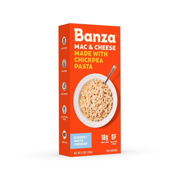 Banza Chickpea Pasta Mac & Cheese – High Protein Gluten Free Healthy Pasta – Mac & Cheese, Elbows with White Cheddar (Pack of 6)