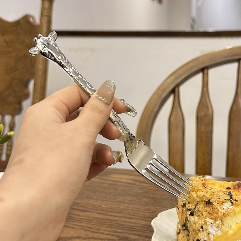 Pinenjoy 4Pcs Giraffe Spoon Forks Silver 18/10(304) Stainless Steel 6inch