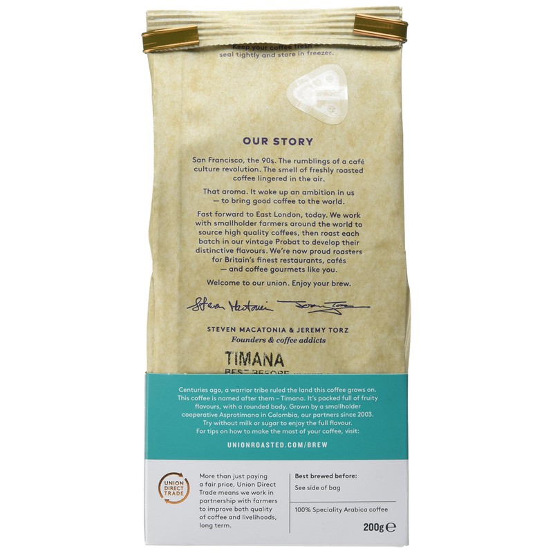 Union Hand Roasted Coffee Timana Colombia Ground Coffee, 200g