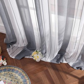 MIULEE Short Voile Curtains, Pinstripe Curtains with Eyelets, Tab-Top Curtains, Transparent Window Curtains, Living Room, Children's Room, Bedroom, Set of 2, 140 x 175 cm, White and Grey