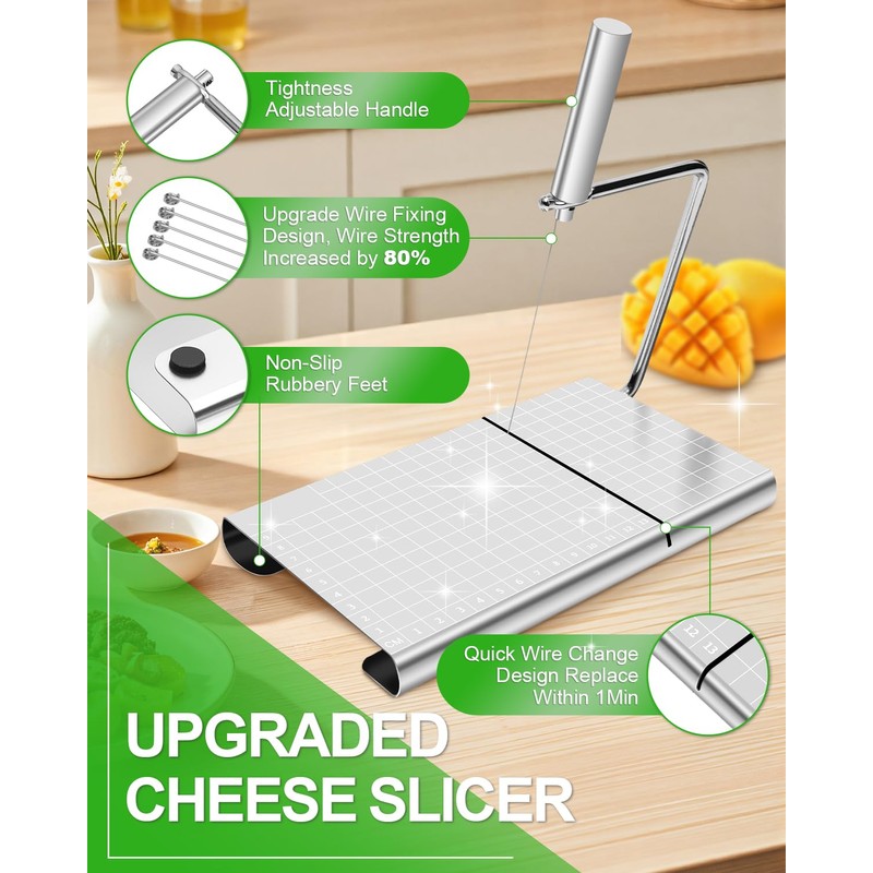 Prokitchen Replaceable Wire Cheese Slicer with Measuring Grids & Board,