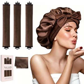 Tubos para Cabello Sin Calor: 3 Piezas Heatless Curls con Gorro de Satin para Dormir y Bufanda de Seda Suave, Gorro de Satin, Sin Daños, Regalos para Mujeres (Marrón oscuro)