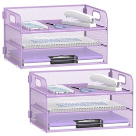 Daltack 3-Tier Paper Organizer with Handle, Mesh Desk Organizer Letter Tray, Paper Tray Organizer File Organizer for A4 File Folder, Purple 2 Pack