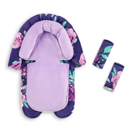Baby Car Seat Head Support with Extra Headrest, 2-in-1 Babybody Supports with Shoulder Pads Set for Newborn, Adjustable Infant Car Seat Insert Compatible with Stroller, Baby Swing (Purple Flower)