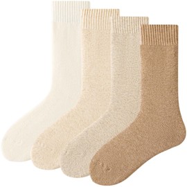 Dress Cici Winter Fluffy Slipper Socks, Wool Half Crew Plush Warm Socks for Women And Men (4 Pack: Apricot+Beige+Dark Apricot+Light Apricot)