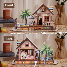 3D Wooden Puzzles for Adult,187pcs Hawaiian Vacation Beach House Kit,DIY Wooden Model Kits with LED Light for Adults-Toy Gifts for Ages 14 and up