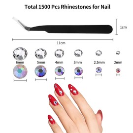 FUZVOL 1500 PCS Rhinestones for Nail Art AB Clear Crystal Nail Gems Diamonds 6 Sizes Flat Back Gems with Pick Up Tweezers and Double Head Rhinestone Picker Dotting Pen for Nail Crafts Clothes Art