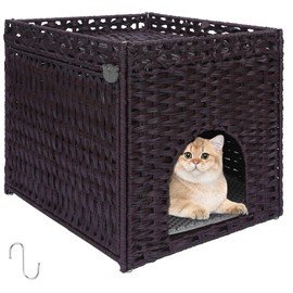Cat Litter Box Enclosure Furniture Hidden Cabinet - Handwoven Rattan Pet House with 2 Removable Mats - Large Foldable Design for Privacy - Fits Living Room, Bedroom, Balcony Brown
