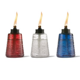 TIKI Molded Glass Decorative Tabletop Torches (Set of 3) – Red, White & Blue Outdoor Lighting for Lawn, Patio & Garden | Weather-Resistant | Includes Long-Lasting Wick & Snuffer