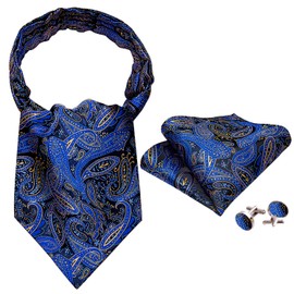 Barry.Wang Ascot Tie - Juego de gemelos cuadrados para hombre, diseño de cachemira, B Navy Gold Ncr-04, Talla única