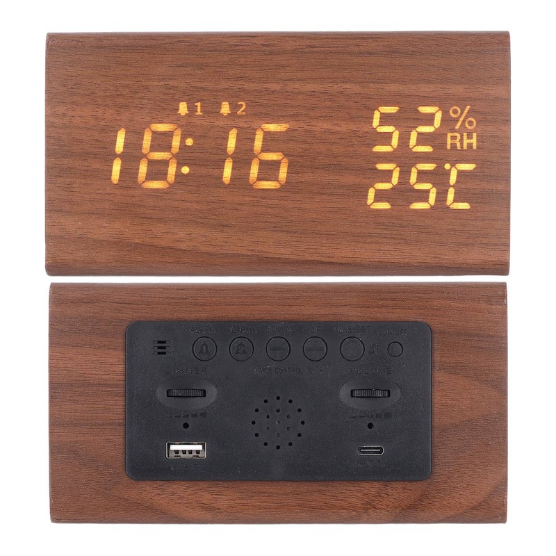 LED Digital Alarm Clock Multipurpose Wooden Clock with Voice Control
