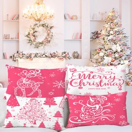 Miaikoe Christmas Cushion Covers 30x50 Set of 4 Christmas Decoration Trees Deer Snowman Merry Christmas Decorative Holiday Farmhouse Pillow Cases for Holiday Christmas Decoration（Pink）