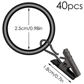 JJQHYC Pack of 40 Curtain Rings Black 25 mm Metal Curtain Rod Rings with Clips Hooks Modern and Elegant