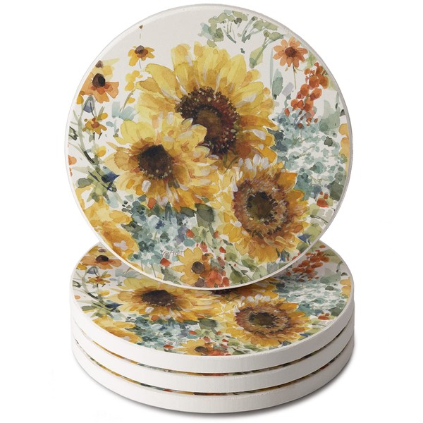 Thirstystone Sunflowers Forever 4 Pack Round Absorbent Stone Coasters with