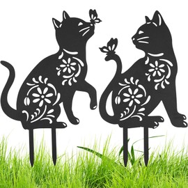 2Pcs Cat Garden Stakes Cat/Dog Lawn Garden Decoration Ornament Garden Animal Statue Silhouette Pattern Metal Black Cat/Dog Stake Animal Art Stake Yard Art Lawn Patio Home Decorations (Cat)