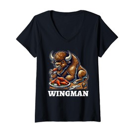 Womens Wingman - Funny Bison Eating a Chicken Wing in Buffalo NY V-Neck T-Shirt