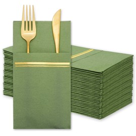 JarThenaAMCS 50Pcs Disposable Linen-Feel Dinner Napkins with Built-in Flatware Pockets Sage Green Gold Foil Prefolded Paper Napkin with Cutlery Pouch for Dining Party Table Service Decor
