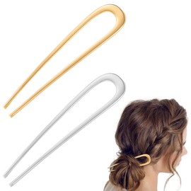 Metal French Hair Pin for Women - Gold U Shaped Pin for Thick and All Hair Types, Sticks for Buns, Twist, Fork - 2pc
