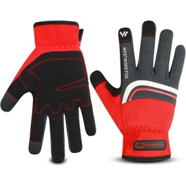 WESTWOOD FOX Work Gloves for Men & Women, Working Gloves Touch Screen, Flexible Yard Work Gloves Utility Mechanic (Black Red, Medium)