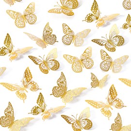SAOROPEB 3D Butterfly Wall Decor - 48 Pcs, 4 Styles, 3 Sizes, Gold Butterfly Decorations for Birthday & Party Celebrations, Removable Stickers | SAOROPEB