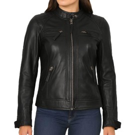 J'Jackin Black Leather Jacket Womens - Cafe Racer Leather Jackets for Women | D1 Black, X-Large