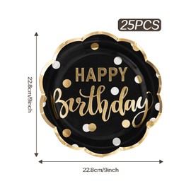 LeZakaa 25Pcs Birthday Paper Plates - Happy Birthday Lettering in Gold Black Gold Foil Design Disposable Party Plates Decorative Tableware Supplies Table Decor - 9 Inch
