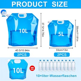 ElevaPulse Pack of 4 Water Canisters (2 x 5 L and 2 x 10 L), Foldable Water Canister, Portable Water Container with Tight Lid, Water Canister Camping, Camping for Outdoor Camping, Hiking, Picnics