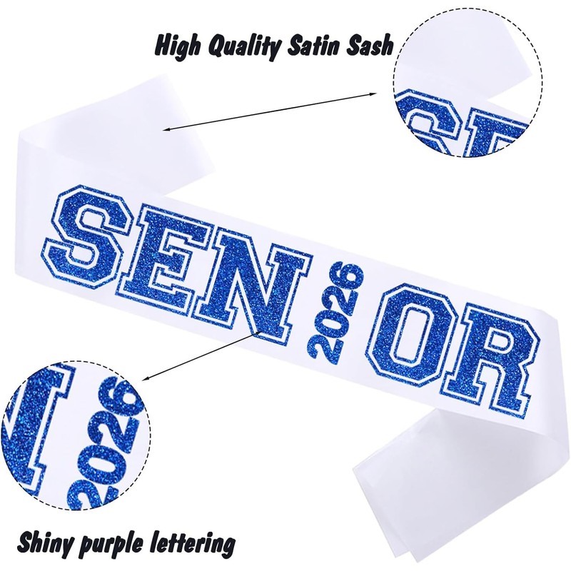 6PCS White Senior 2026 Sashes with Royal Blue Glitter Printing