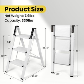 FAHKNS 3 Step Ladder, Aluminum Folding Step Stool with Anti-Slip Sturdy and Wide Pedal, Portable Space Saving Closet Step Stool for Home and Kitchen, Step Stools for Adults, White, 330Lbs