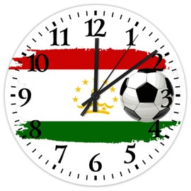 10" Football Theme Tajikistan Wall Clock Beautiful Hispanic European Asia Africa Flags Silent Non Ticking Clocks Wooden Round Easy to Read Wall Clock Home Decor for Bedroom Above Fireplace Warehouse