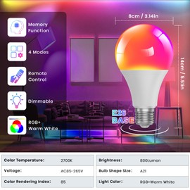 nailastro Color Changing Light Bulb with Remote,15W A21 E27 Warm White 2700k 800LM Dimmable LED Light Bulb,Memory Function,16 Color Multicolor RGB Flood Light for Bedroom Indoor Party(1Pack)