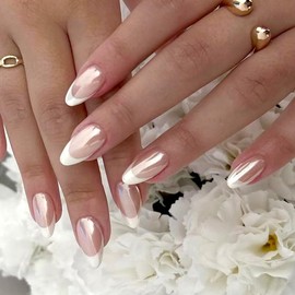 Press on Nails Medium Almond, LY LANYOS Acrylic Nails Press on Fake Nails with Glue,Gel Acrylic False Nail for Women Girls in 24 PCS (French White Pearl)