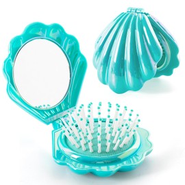 Shell Folding Hair Brush with Mirror, Compact Travel Hair Brush for Women, Portable Hairbrush Travel Size Mini Pocket Mirror Massage Brush for Purse, Pocket, Aqua green