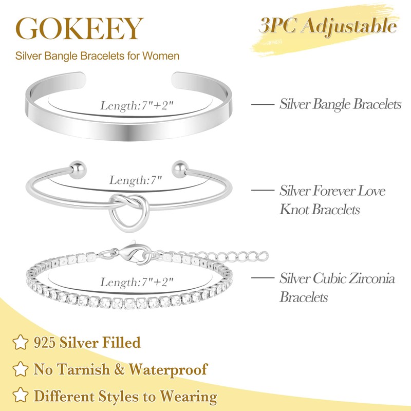 Gokeey Dainty Silver Plated Bangle Cuff Bracelet for Women, Silver
