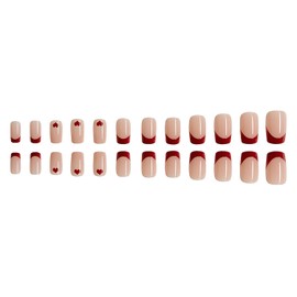 Generic 24 Pcs Valentine's Day Press on Nails Short Square Nude Heart Fake Nails with French Tip Designs Red Heart False Nails Design Valentines Acrylic Nails Romantic Love Glue on Nails for Women