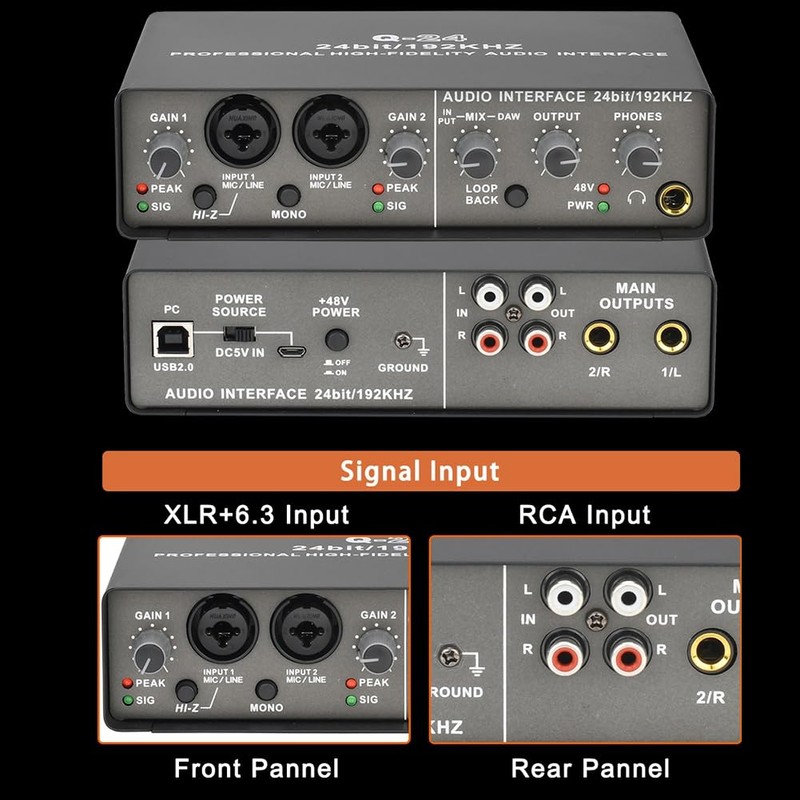 Roarrter Professional 24Bit 192KHz Audio Interface 2 Input Sound Card