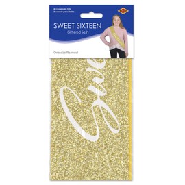 Beistle Glittered Sweet Sixteen Happy Birthday Sash Party Favors Supplies Costume Accessories, 32.5" x 3.5", Gold/White