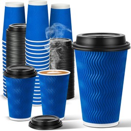 Ginkgo 16 oz Paper Coffee Cups with Lids 60 Pack, Disposable Double Insulated Wall Ripple To Go Travel Hot Beverage Cups (Navy)