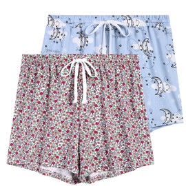 Korelayer 2 Pack Pajama Shorts for Women Cotton Sleep Shorts Casual Lounge Pants Drawstring Pj Bottoms,Flowers & White Clouds,Medium