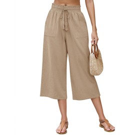LOMON Khaki Linen Pants for Women Capri Yoga Pants Workout Wide Leg Loose Flowy High Waisted Summer Lounge Baggy Elastic Waist Drawstring Casual Palazzo Trousers with Pockets Khaki Medium