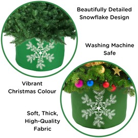 Christmas Tree Skirt Fully Adjustable Fabric Tree Collar for Christmas Tree - Green with Snowflake Design - Sturdy Strengthened Cotton Tree Base Cover Wraparound