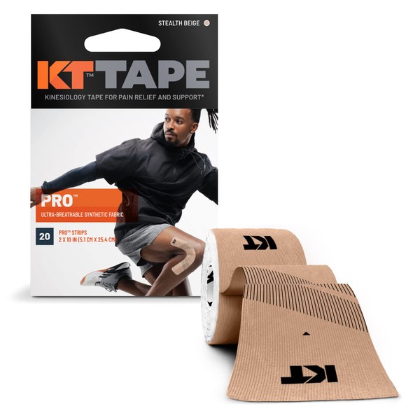 KT Tape, PRO Synthetic Kinesiology Athletic Tape, 20 Count, 10” Precut Strips, Stealth Beige, 20 Precut Strips
