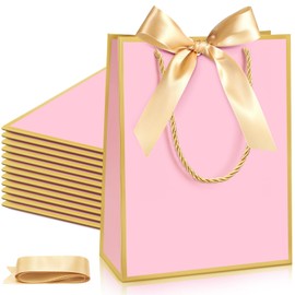 Silkfly 12 Pcs Thank You Gift Bags with Handles 9 x 7 x 3. 15'' Welcome Gift Bags with Bow Ribbon for Wedding Bridal Baby Shower Birthday Housewarming Party(Pink, Gold)