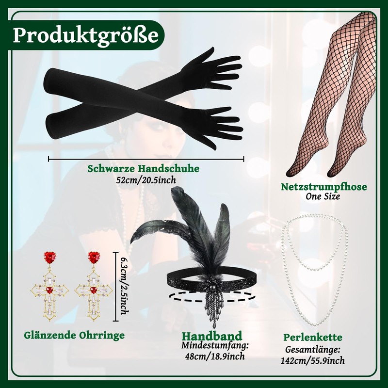 Jokureao 6-Piece 20s Costume Women's Set, V-Neck Sequin Skirt, Gatsby