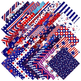 Mixweer 50 Pcs 10 x 10 Inch Patriotic Fabric Bundles 4th of July Independence Day Memorial Day Fabric Print Squares for Sewing DIY Crafts Patchwork Decoration, 50 Styles