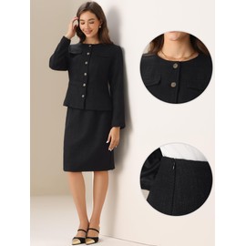 Allegra K Suit Set for Women's 2 Piece Outfits Tweed Peplum Collarless Blazer Jacket and Skirt Sets Black Medium