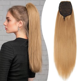 Benehair Yaki Straight Ponytail Hair Extension 22 Inch Drawstring Ponytail Clip In Extensions for Women Synthetic Ponytail Extension Light Brown Hair Extension(Light Brown, 100g)