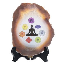 Nupuyai 7 Chakra Healing Agate Slice Yoga Prints with Wooden Stand Irregular Crystal Geode Agate Stone Art Decor for Home Office Tabletop, White