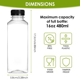Moretoes 6pcs 16oz Plastic Juice Bottles with Caps, Clear Empty Reusable Water Bottles, Disposable Beverage Containers Bulk for Juicing Smoothies Turmeric Juice Milk and Other Beverages