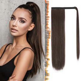 BARSDAR Brown Straight Ponytail Extensions - 18 Inch Long Straight Wrap Around Ponytails for Women, Clip in Ponytail Hair Extensions Synthetic Pony Tails Hairpieces - Medium Brown Mixed